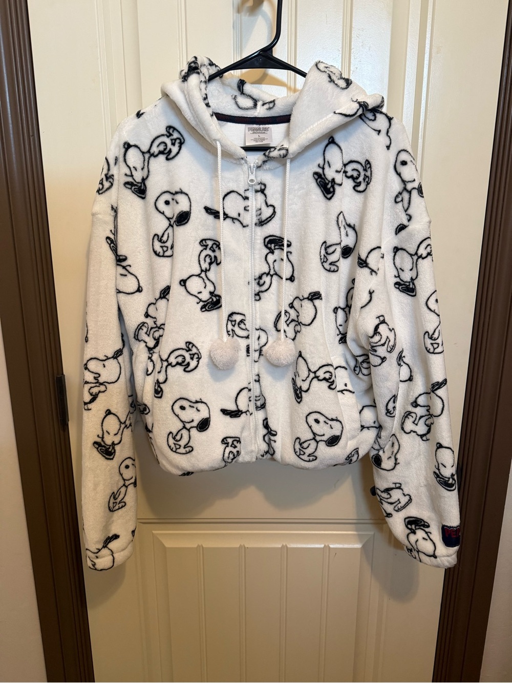 Peanuts White Snoopy Fleece Hooded Zip Jacket with Pom Drawstrings